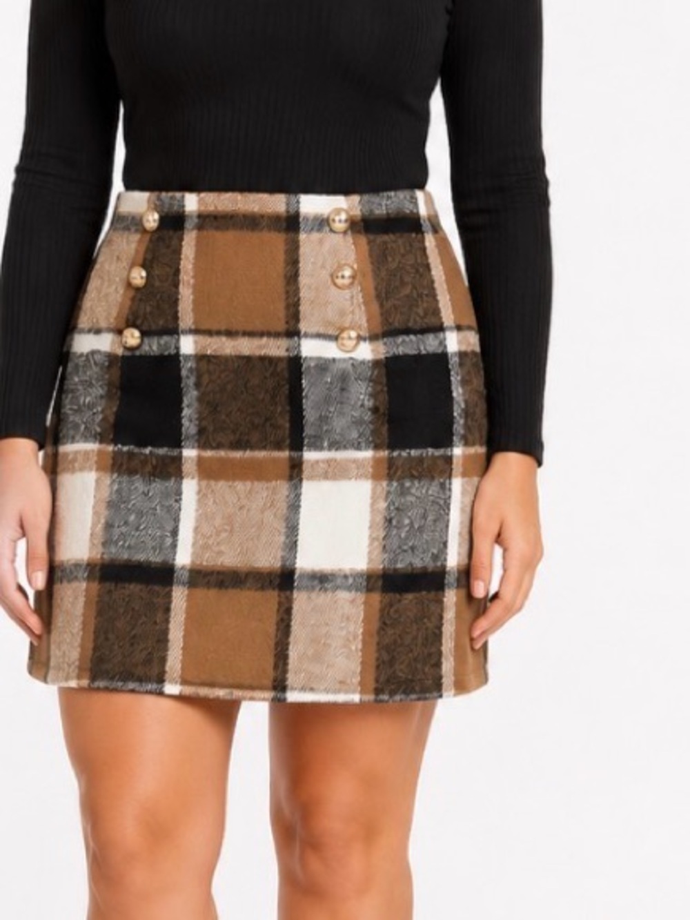 Plaid/check Button-Front Mini Skirt in Camel and Black SZ SM Gold button details
